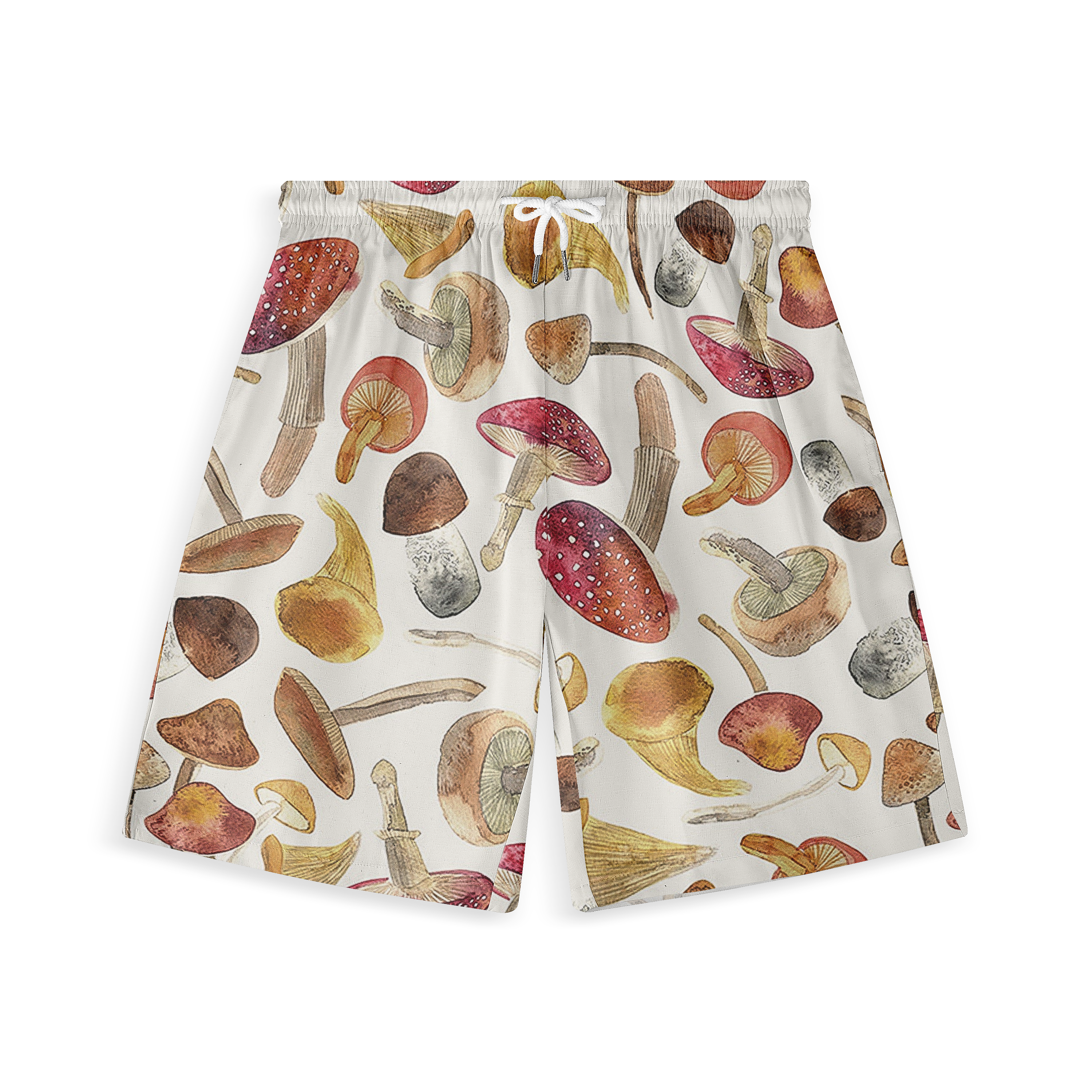 These shorts feature a whimsical pattern of various mushrooms in earthy tones, such as red, brown, and beige, set against a light background.