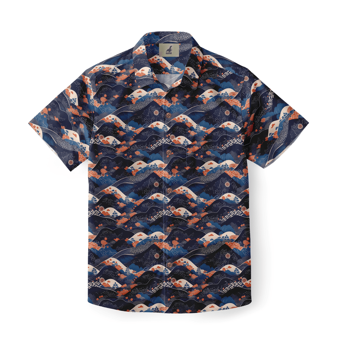 Shirt with serene mountain and river scenes in blue and white.