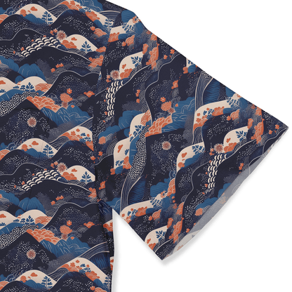 Shirt with serene mountain and river scenes in blue and white close-up