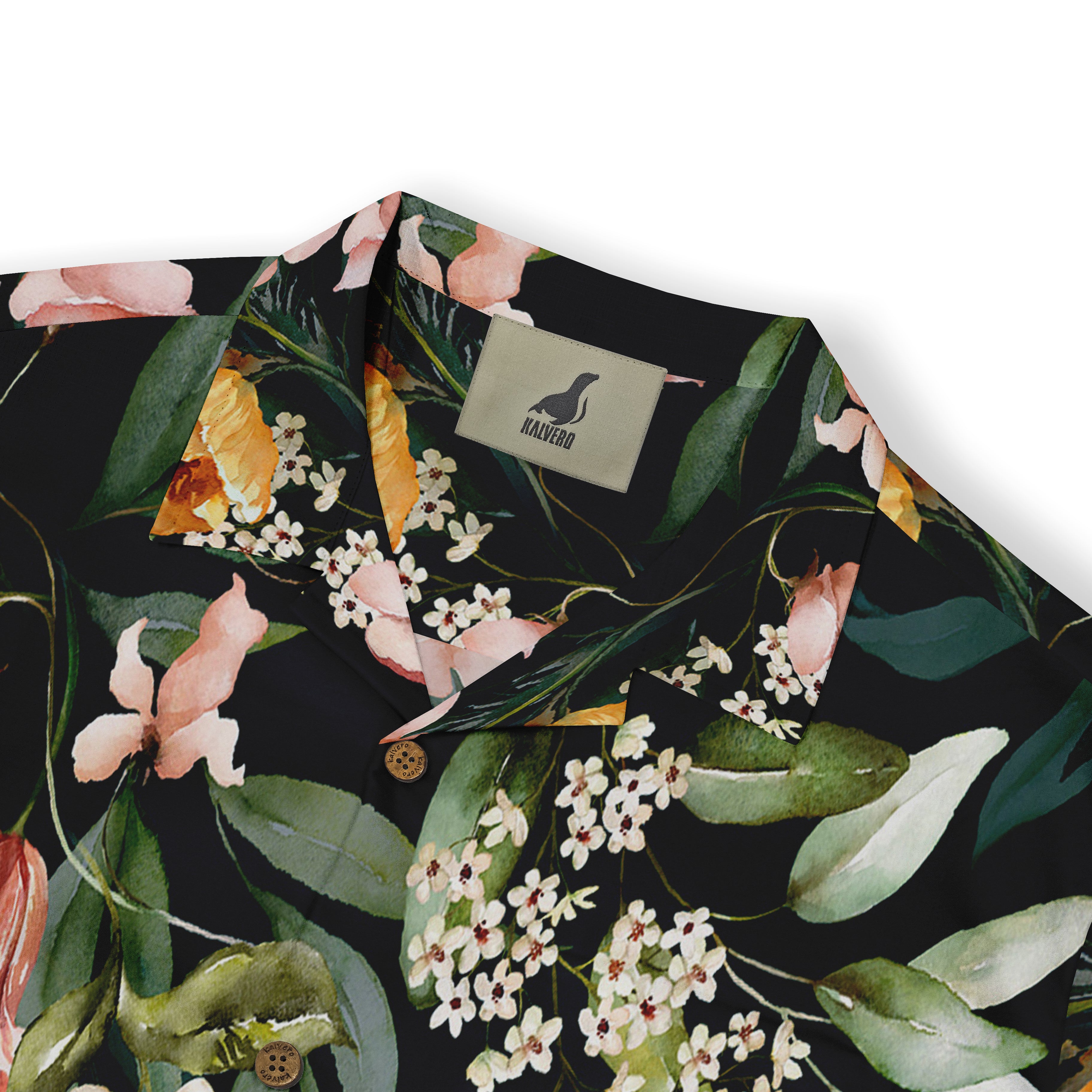 Close-up of a shirt collar featuring a black fabric with a detailed floral print, including pink, white, and orange flowers, along with green leaves.