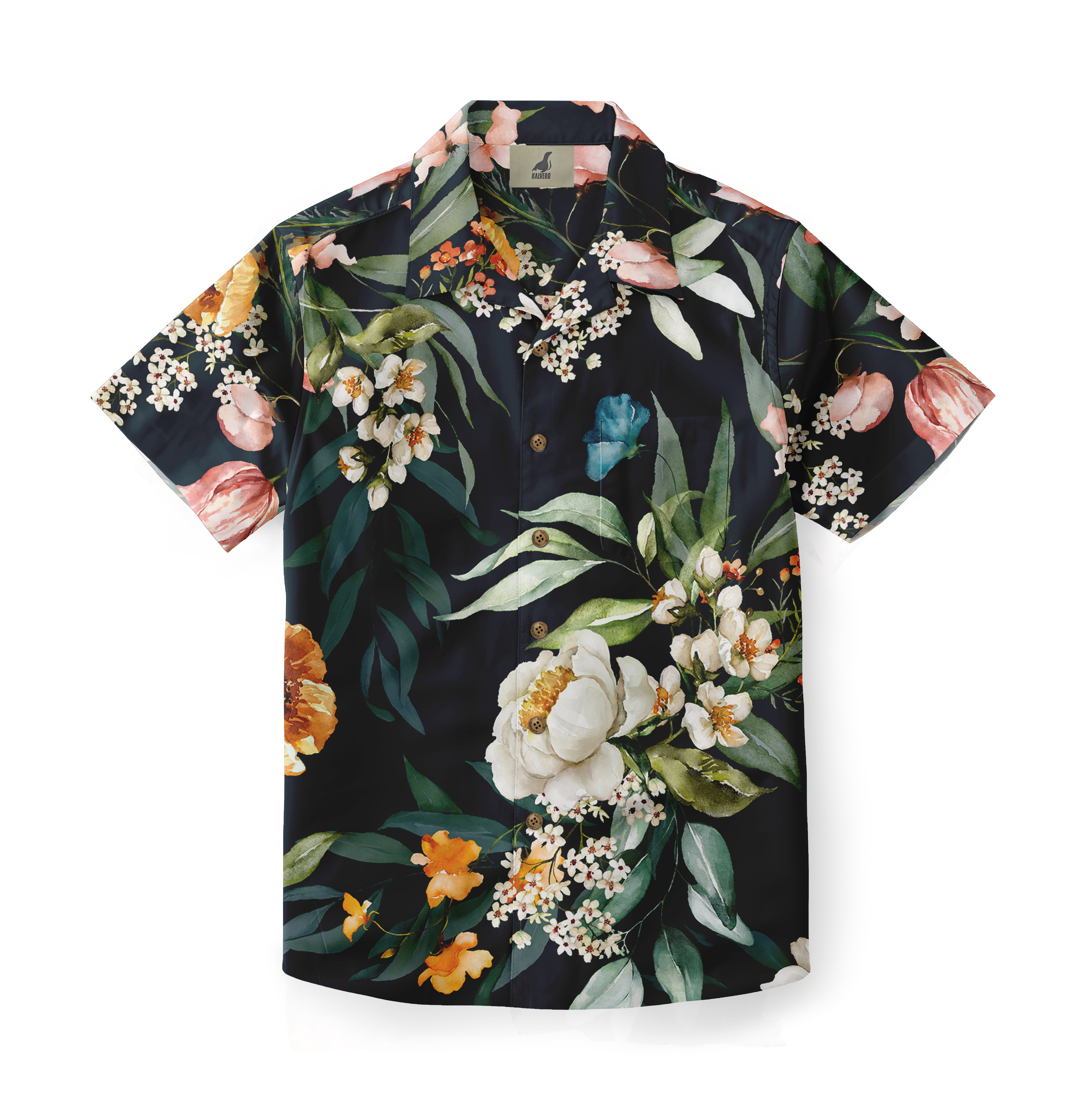 A short-sleeve shirt with a black background adorned with a vibrant floral pattern, featuring a mix of colorful flowers and lush green leaves.