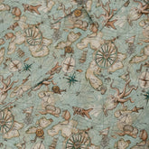 Map-patterned shirt with ancient nautical elements and detailed illustrations of sea creatures front buttons close-up