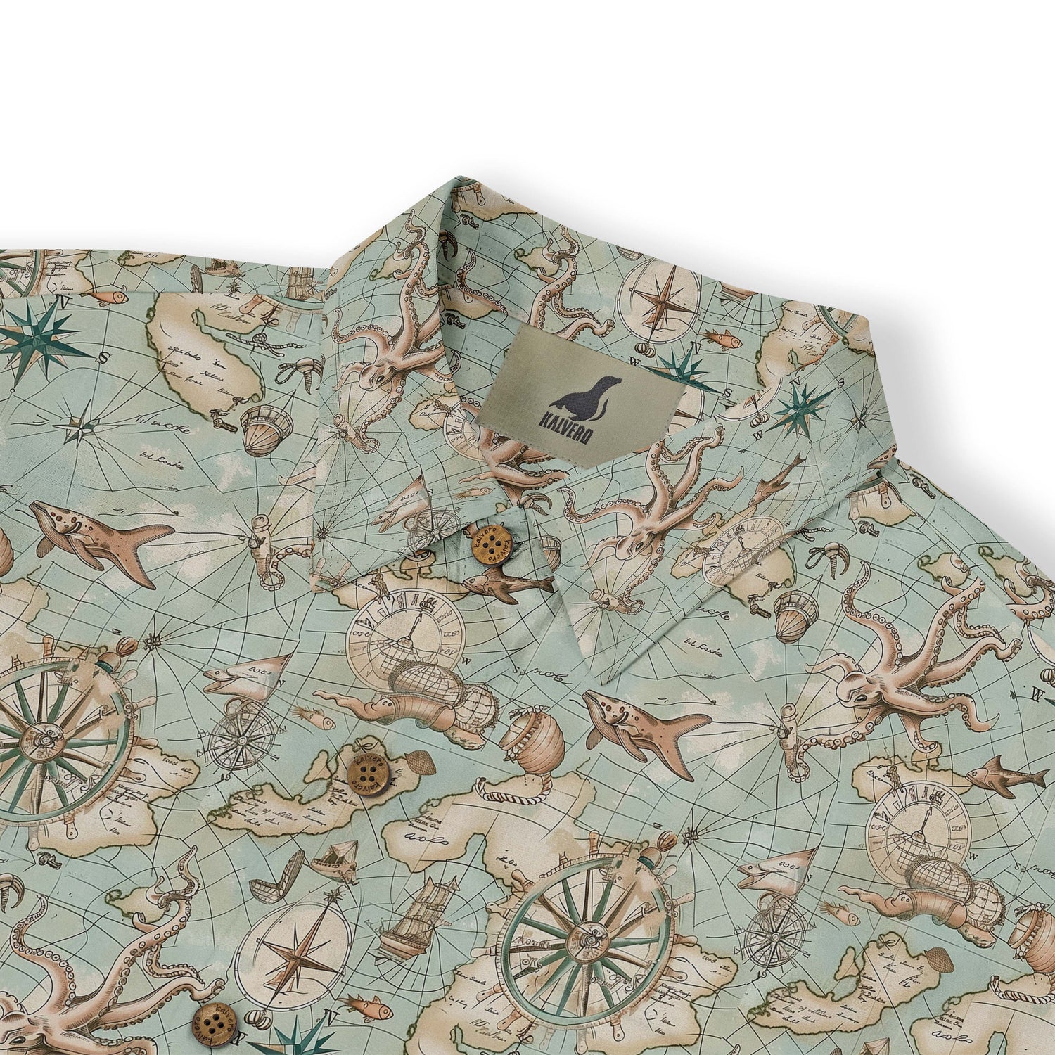 Map-patterned shirt with ancient nautical elements and detailed illustrations of sea creatures front view