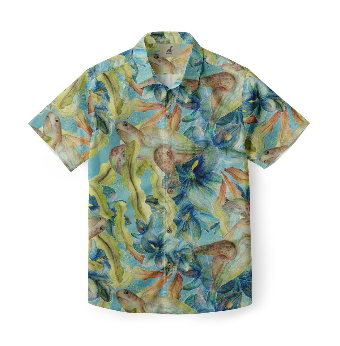 A short-sleeve shirt featuring a pattern of sea turtles and blue tropical flowers, rich in color and capturing the freshness and natural beauty of summer.