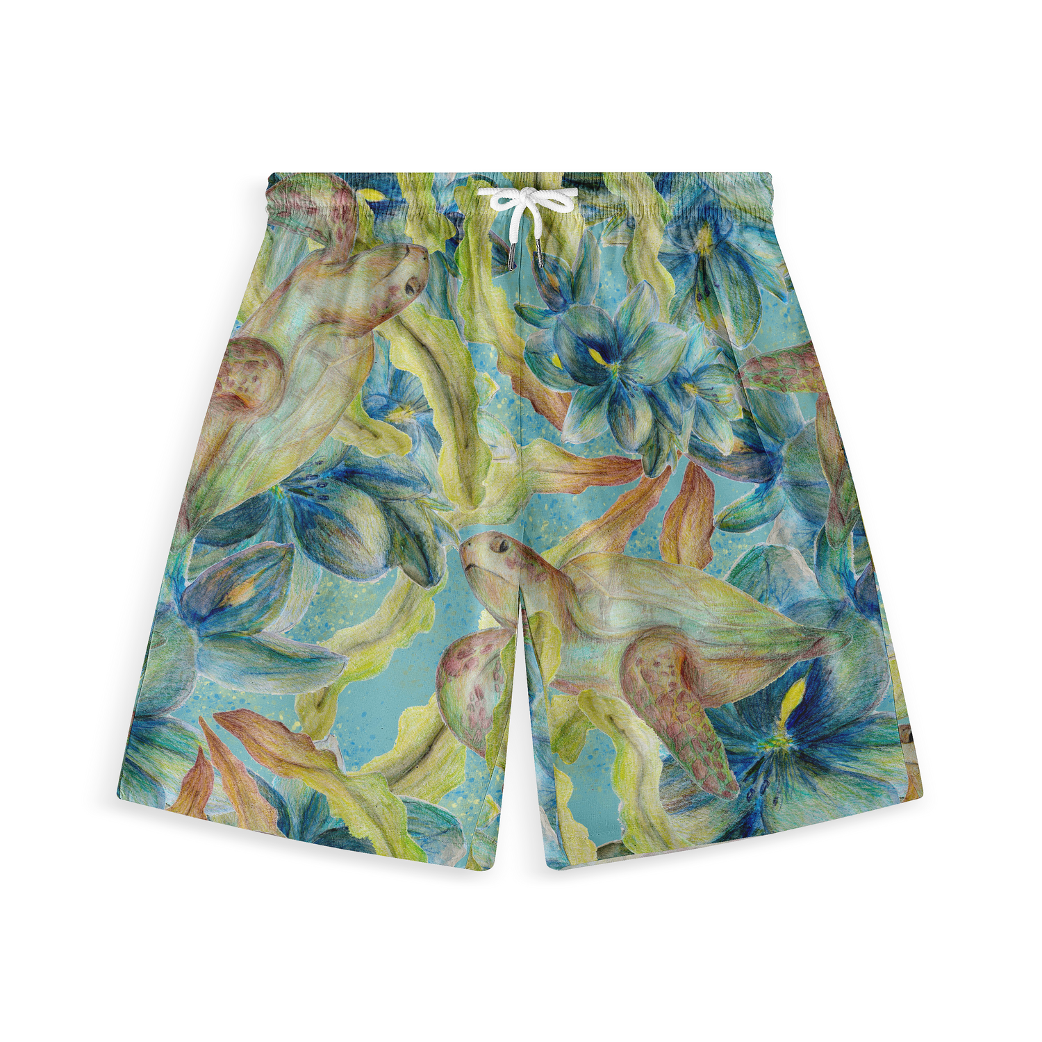 Swim shorts featuring an aquatic-themed design with sea turtles and blue flowers on a vibrant, oceanic background.