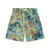 Swim shorts featuring an aquatic-themed design with sea turtles and blue flowers on a vibrant, oceanic background.