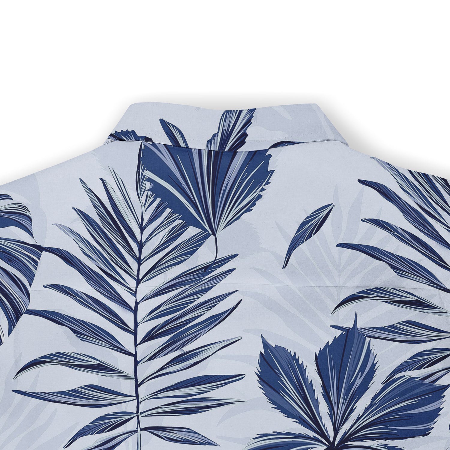 Back of the shirt featuring blue tropical leaf patterns on a light background, emphasizing the detailed leaf designs across the upper section.