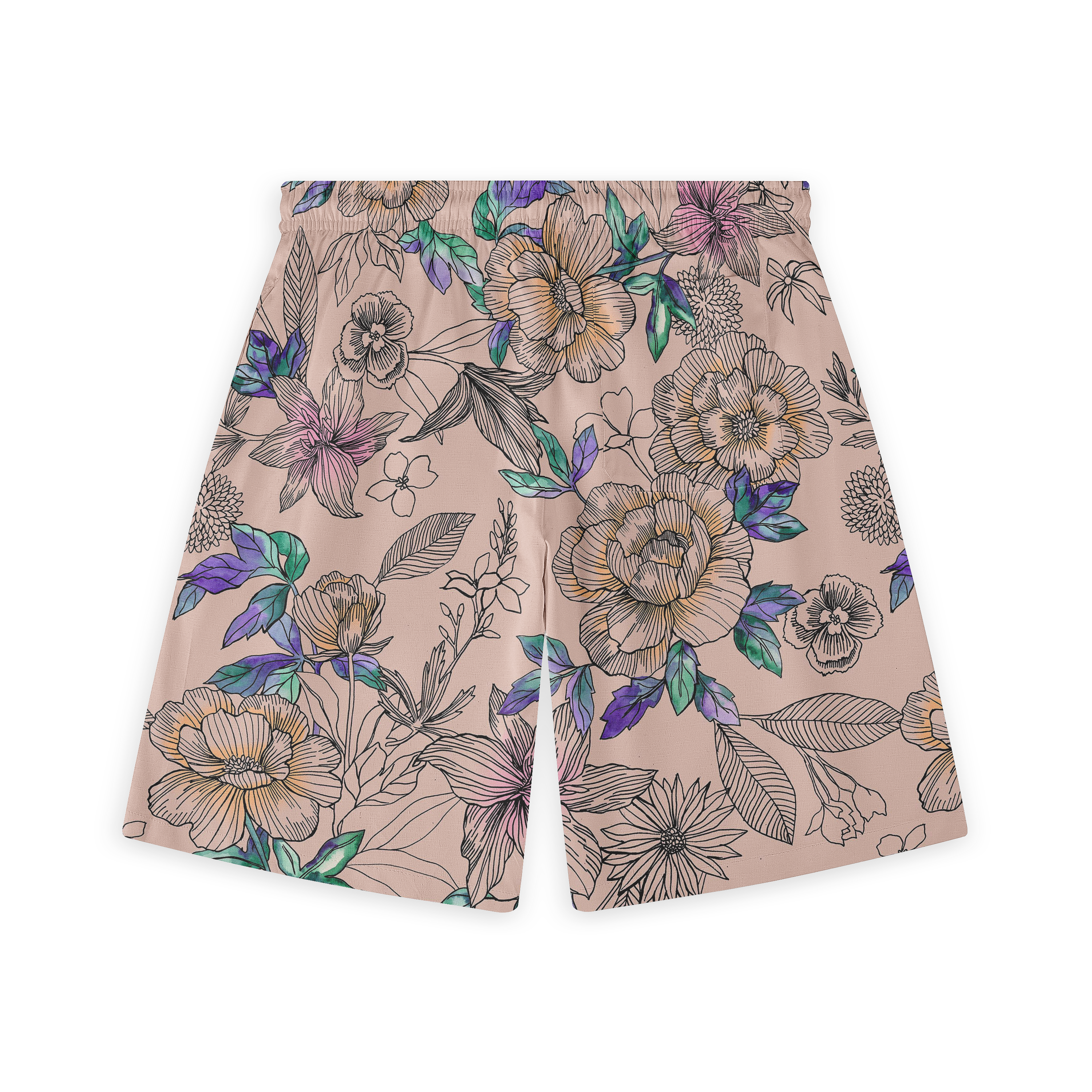 Back view of shorts with a delicate floral pattern in shades of purple, green, and orange on a light beige background.​