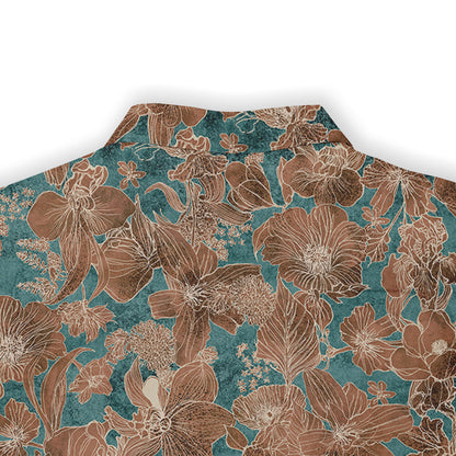 Back collar view of a Hawaiian shirt with a floral pattern in brown and teal tones.