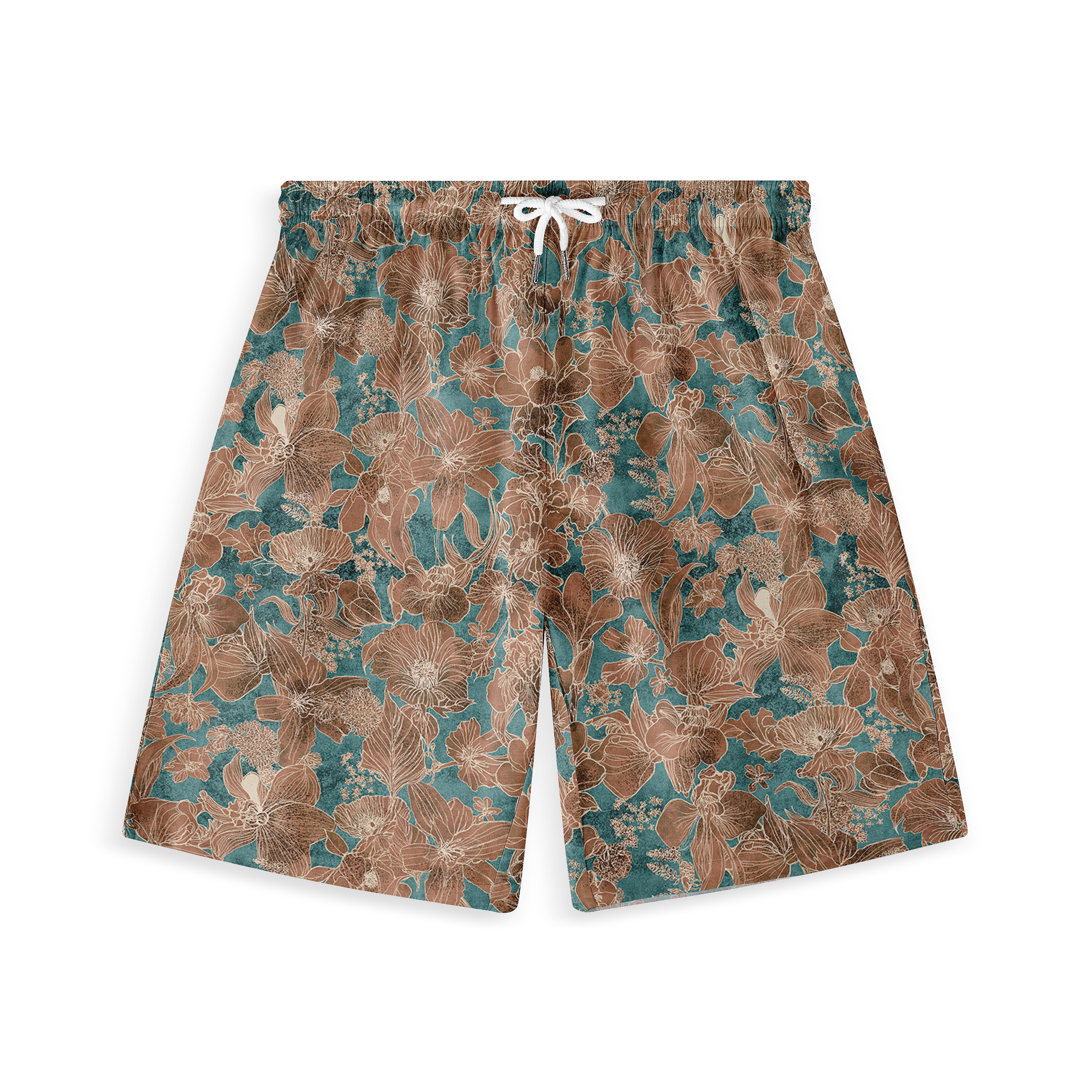 Shorts with an intricate floral pattern in brown and teal tones, featuring a drawstring waist.