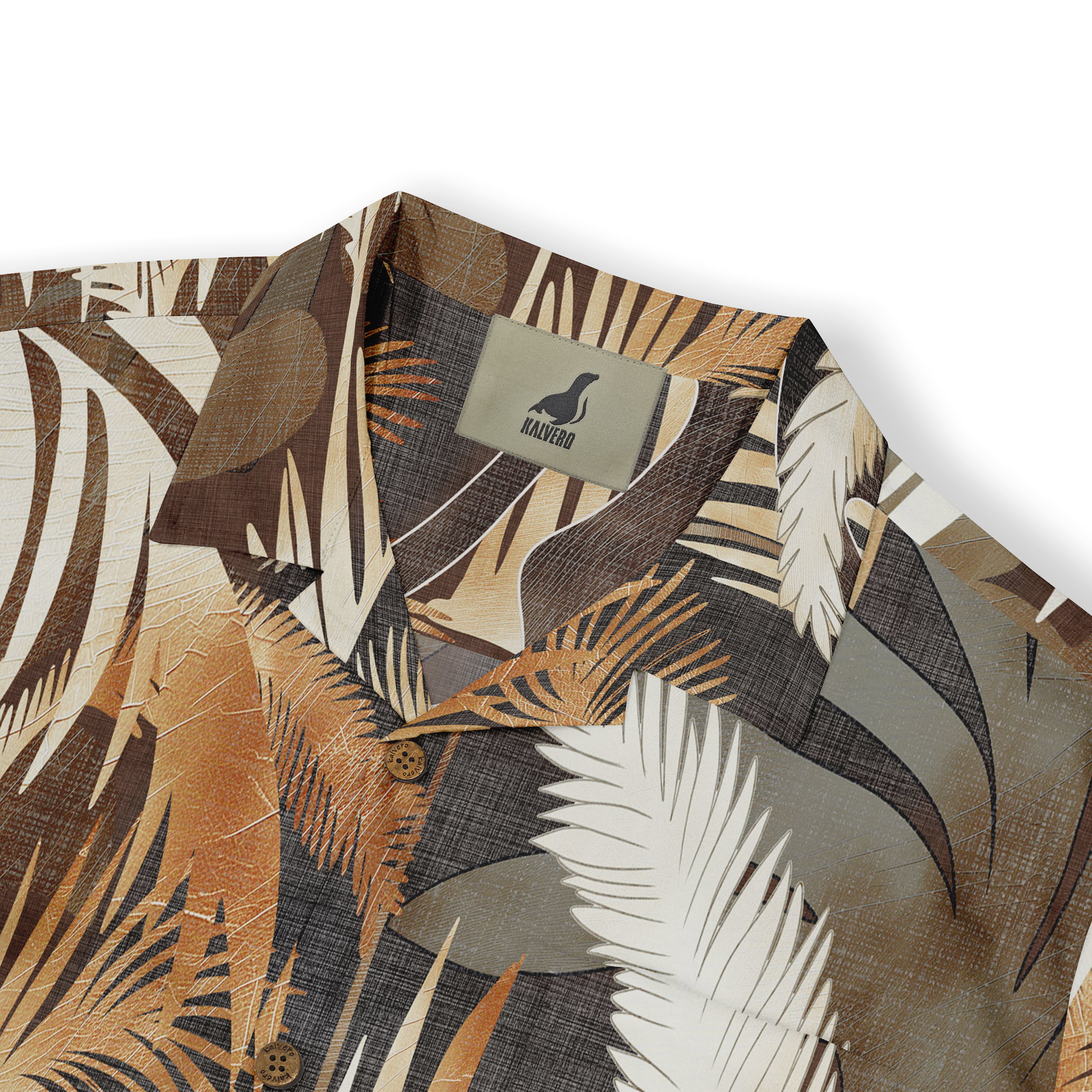 Close-up of a Hawaiian shirt collar with a jungle-themed design in earthy tones, featuring palm leaves and subtle details.