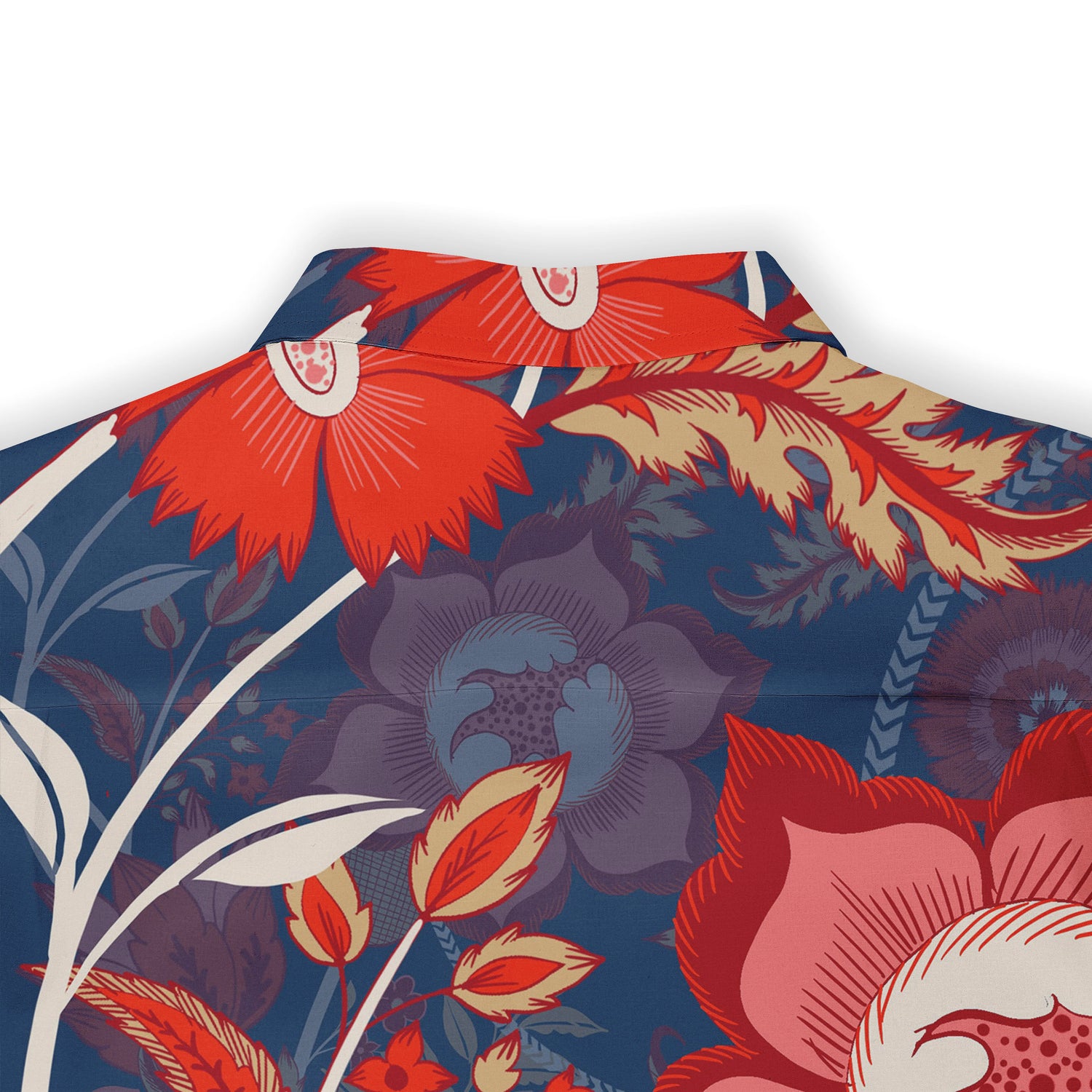 Back collar view of a Hawaiian shirt with a bold floral pattern in red, purple, and blue tones.