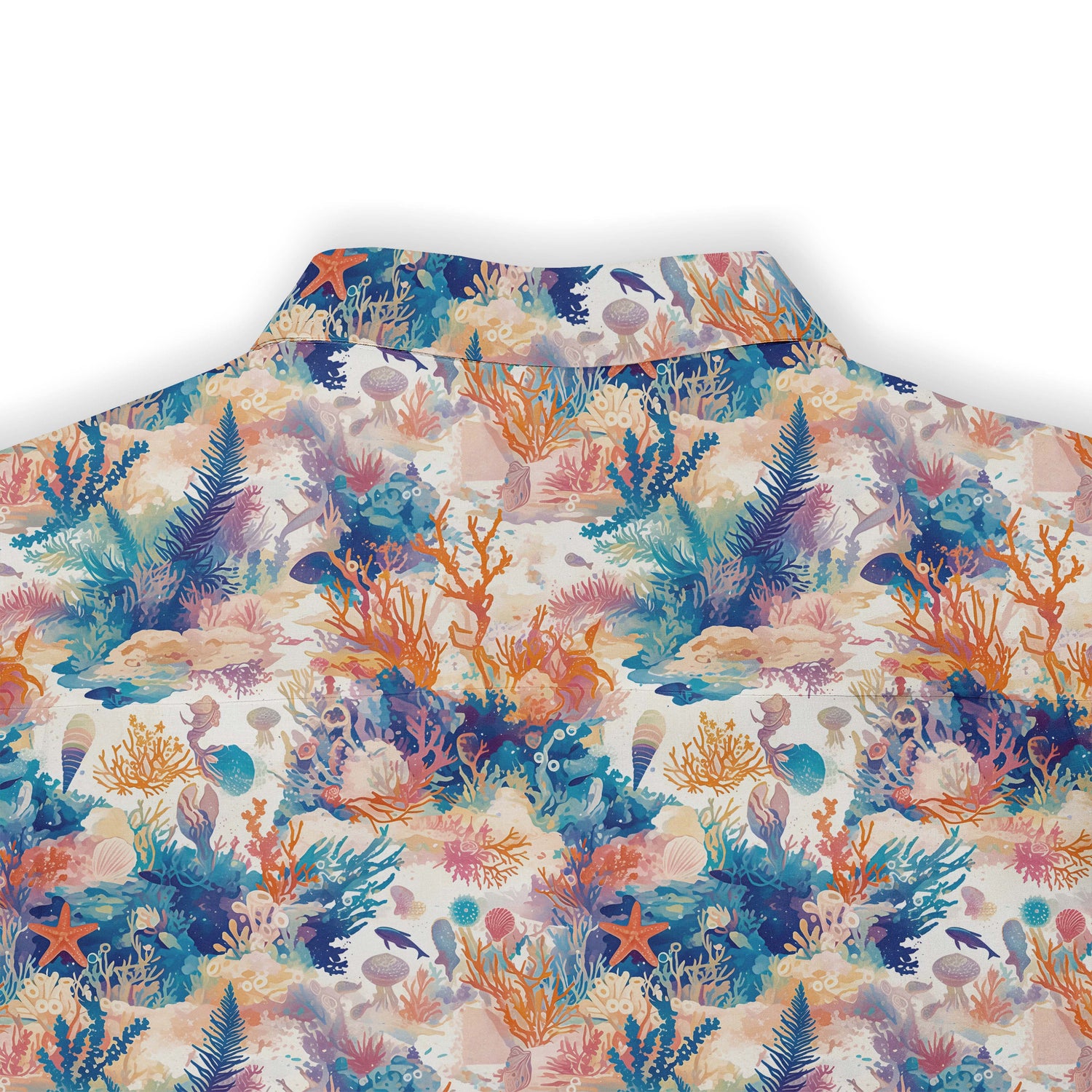 Shirt with harmonious aquatic plant and sea creature designs in vibrant colors. back view