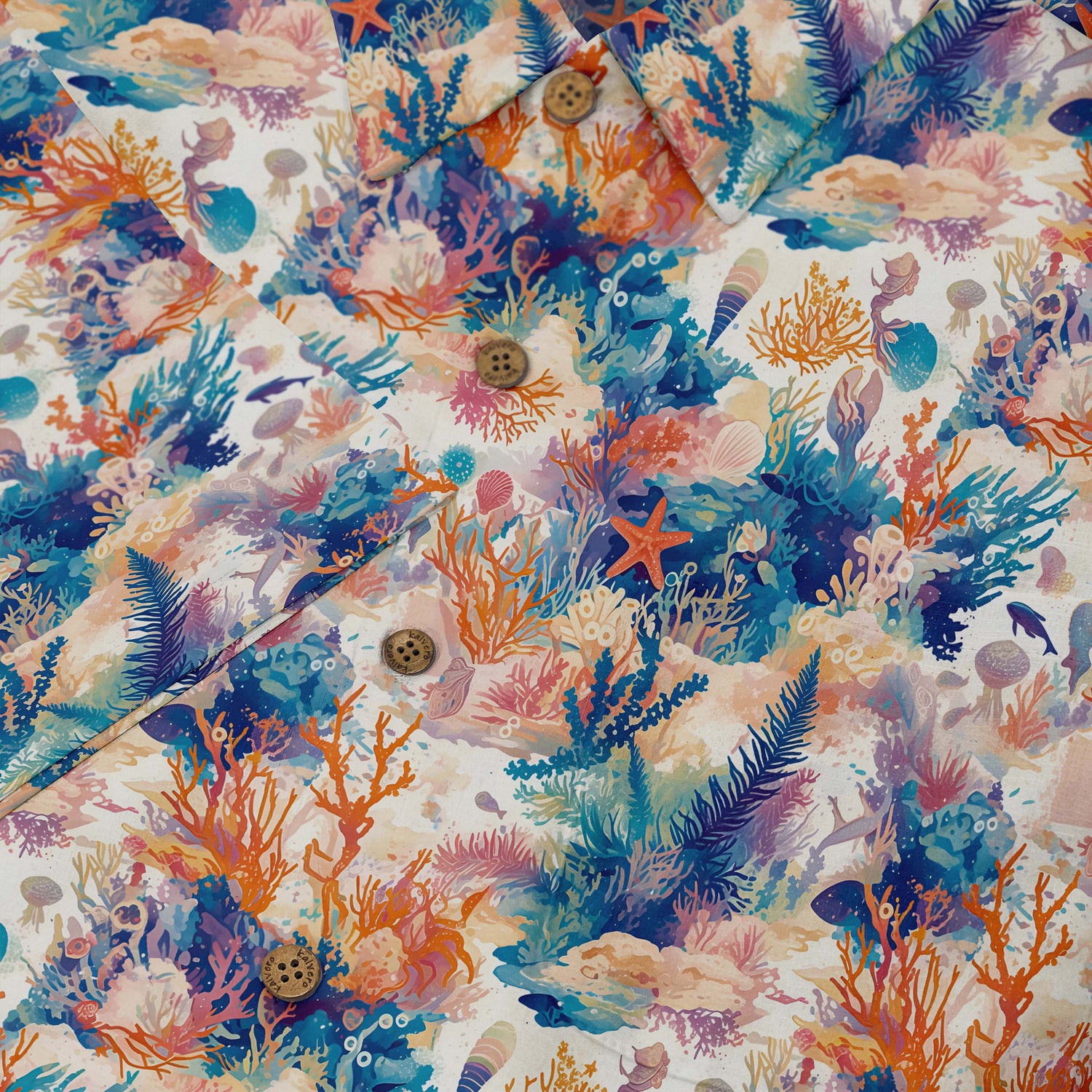 Shirt with harmonious aquatic plant and sea creature designs in vibrant colors. close-up