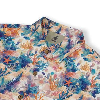 Shirt with harmonious aquatic plant and sea creature designs in vibrant colors. front view