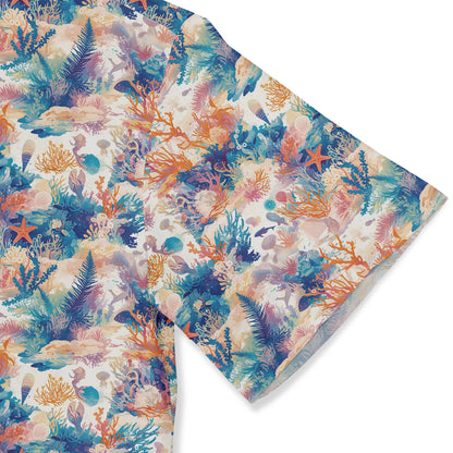 Shirt with harmonious aquatic plant and sea creature designs in vibrant colors. close-up