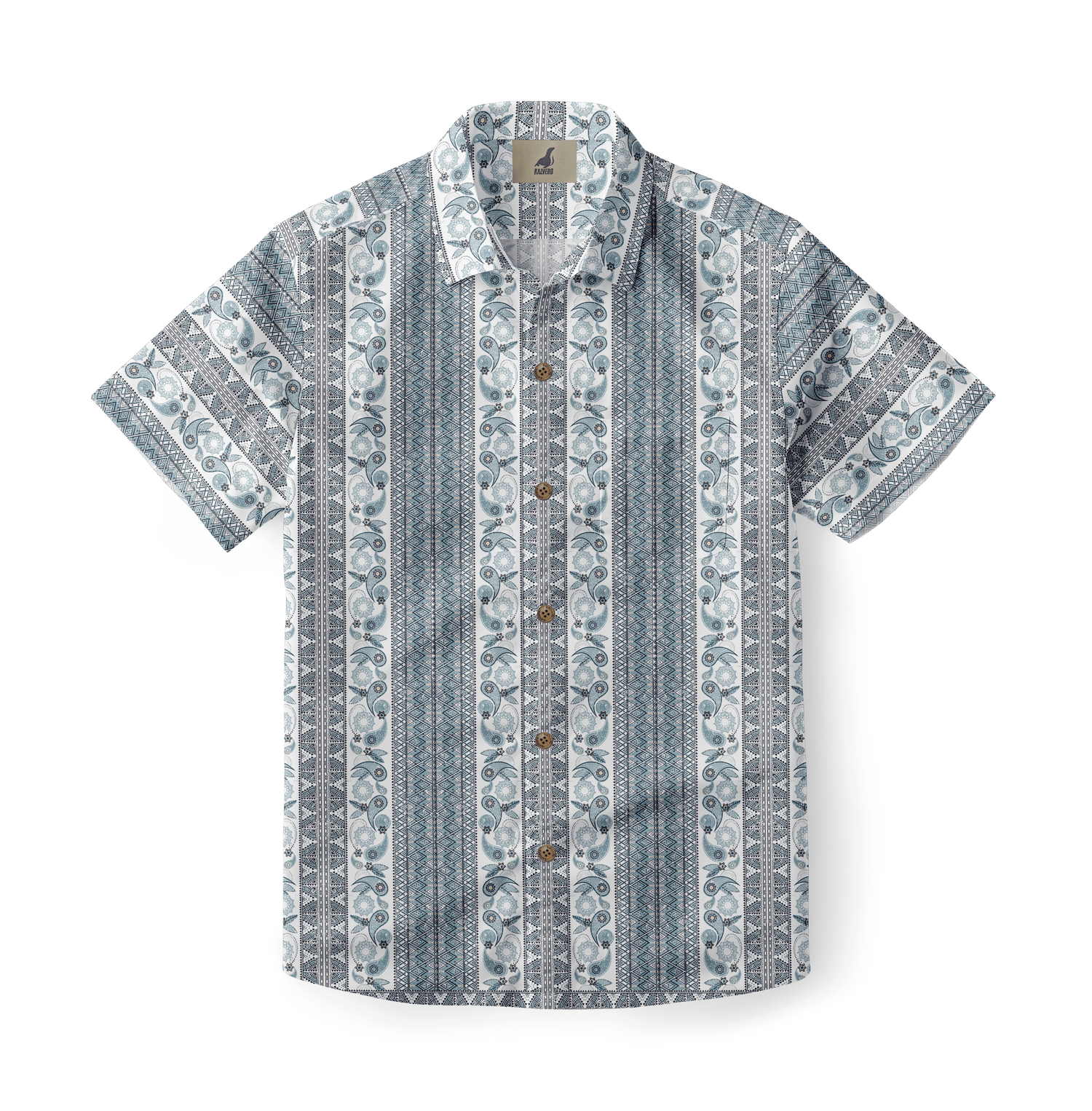 A short-sleeved shirt with a &quot;Serenity Scrolls&quot; pattern, featuring blue and white paisley motifs and floral vines framed by geometric borders.