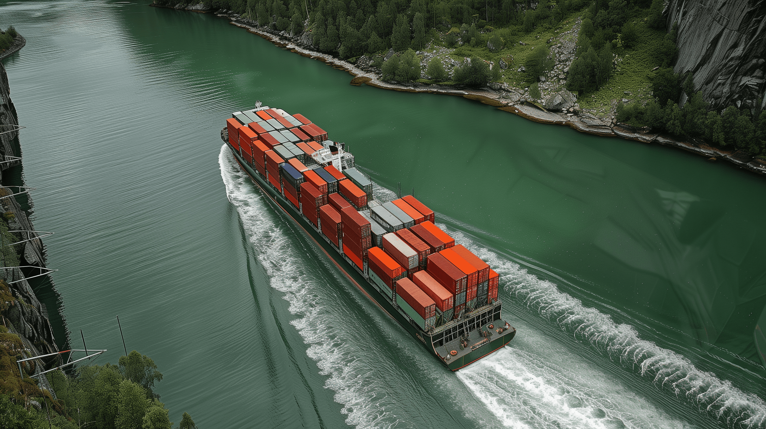 Illustration of ships with many containers traveling in the river symbolizing eco-friendly and carbon-neutral shipping.