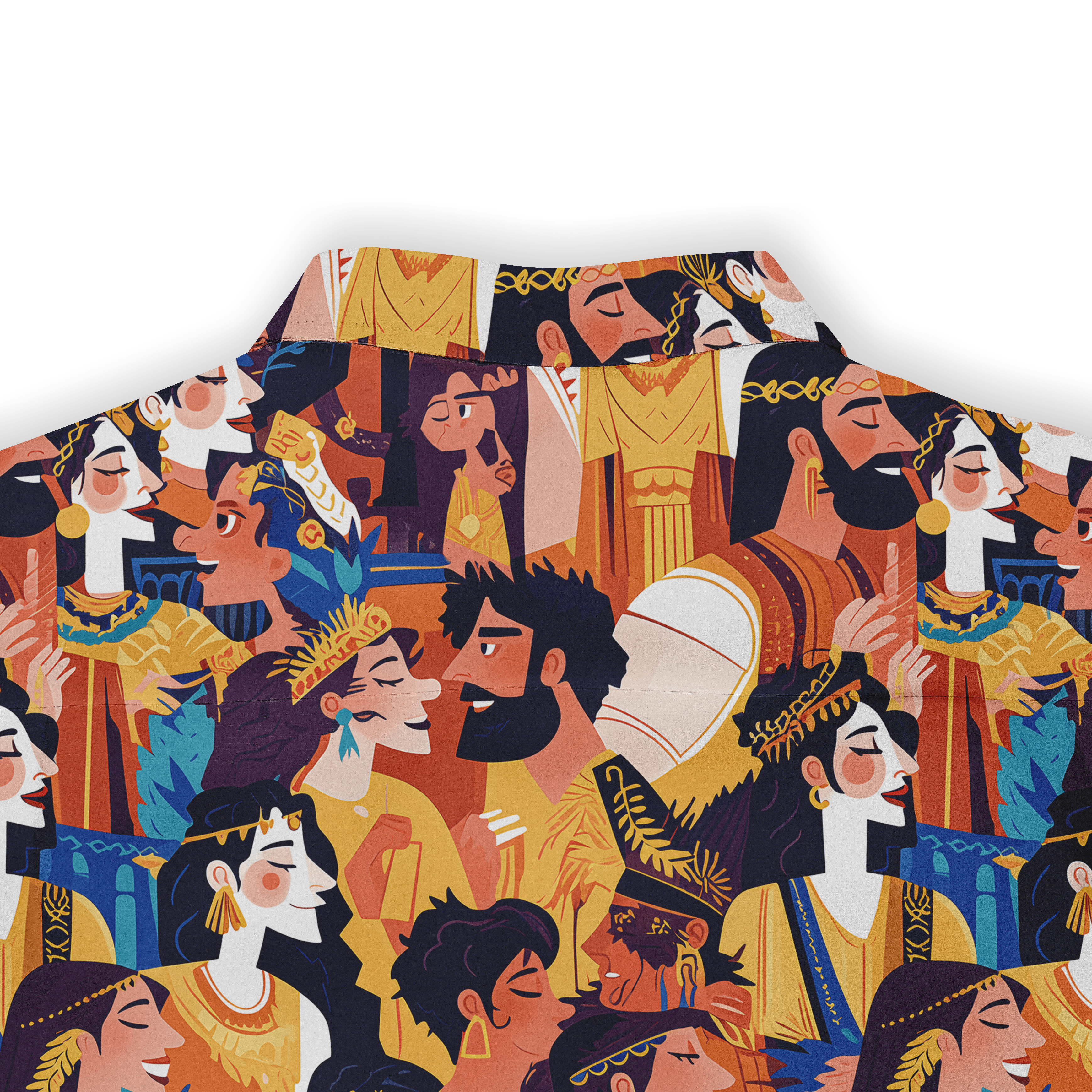 Shirt with ancient figures in vibrant colors of orange, yellow, and blue back view