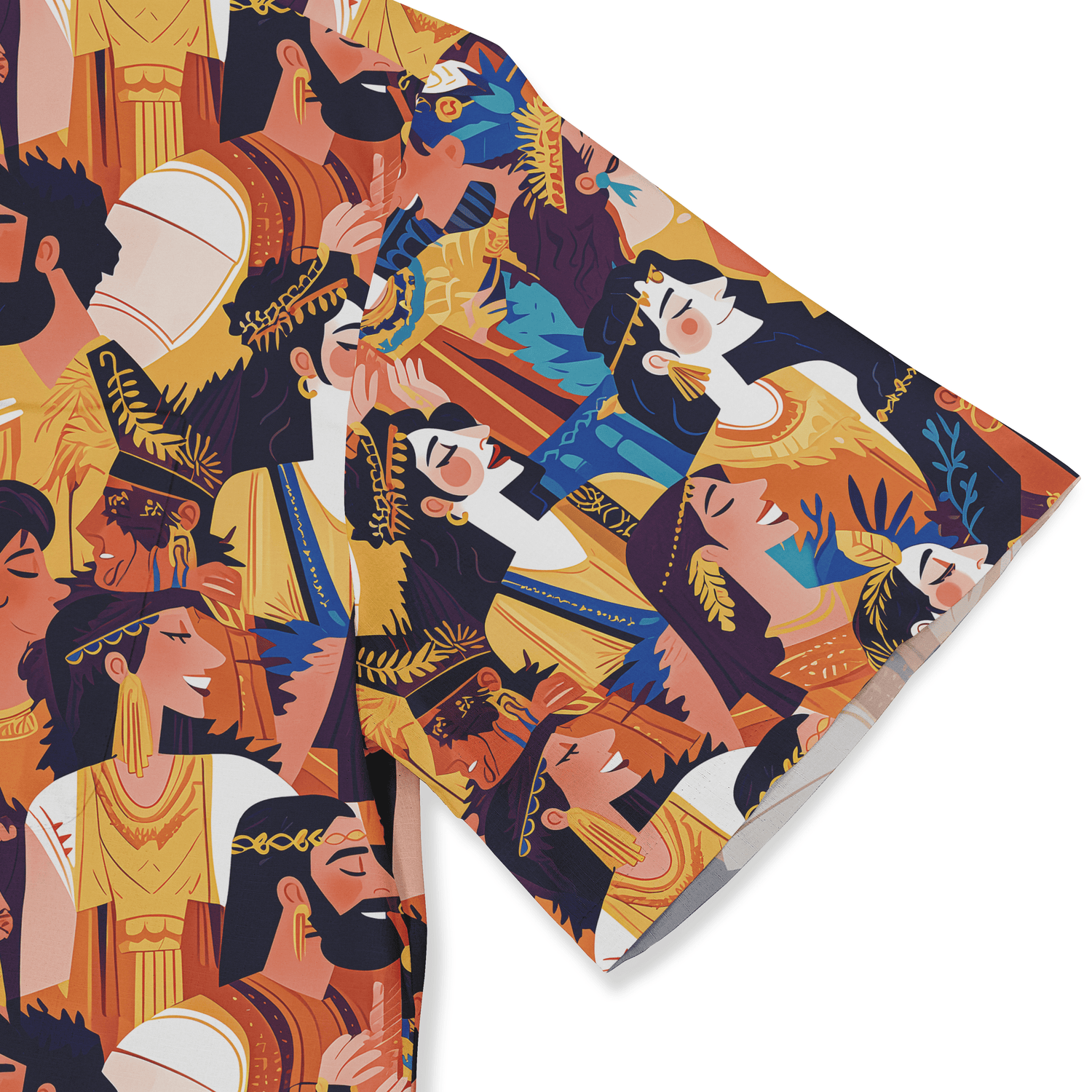 Shirt with ancient figures in vibrant colors of orange, yellow, and blue close-up