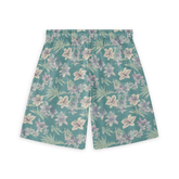 This image shows the back view of the teal shorts, continuing the delicate floral and palm leaf pattern in soft white and purple tones, creating a harmonious and tropical design.