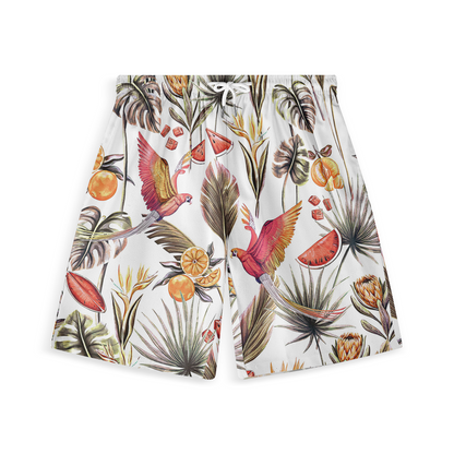 These shorts feature a vibrant tropical theme with colorful parrots, palm leaves, and tropical fruits, creating a lively and energetic summer vibe. Perfect for beach outings or vacations.