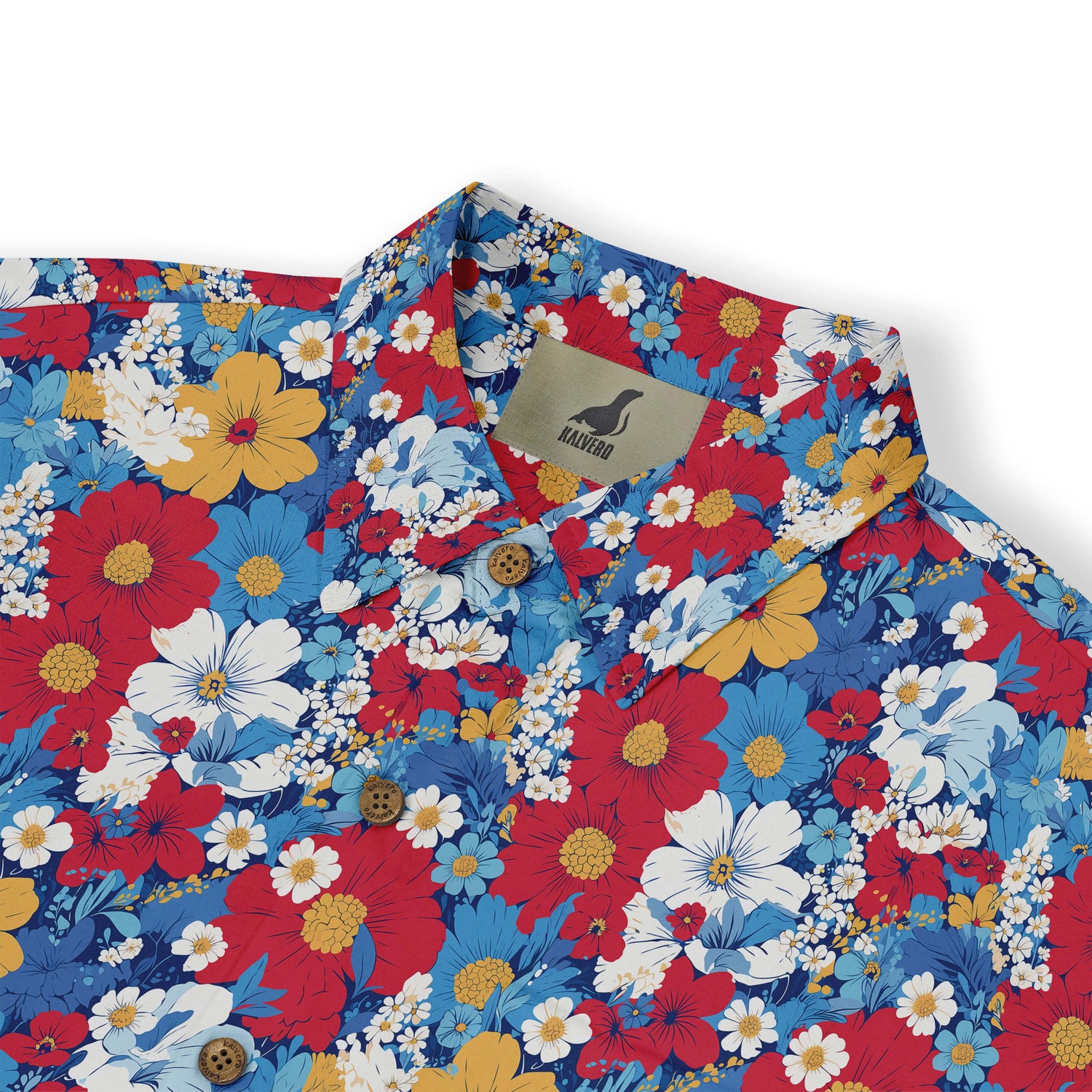 A colorful shirt with an array of vibrant flowers including daisies, cosmos, and hibiscus on a blue background. front view