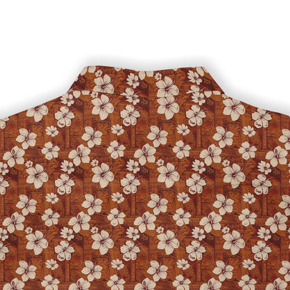 Copper shirt with white hibiscus flowers, exuding vintage elegance back view