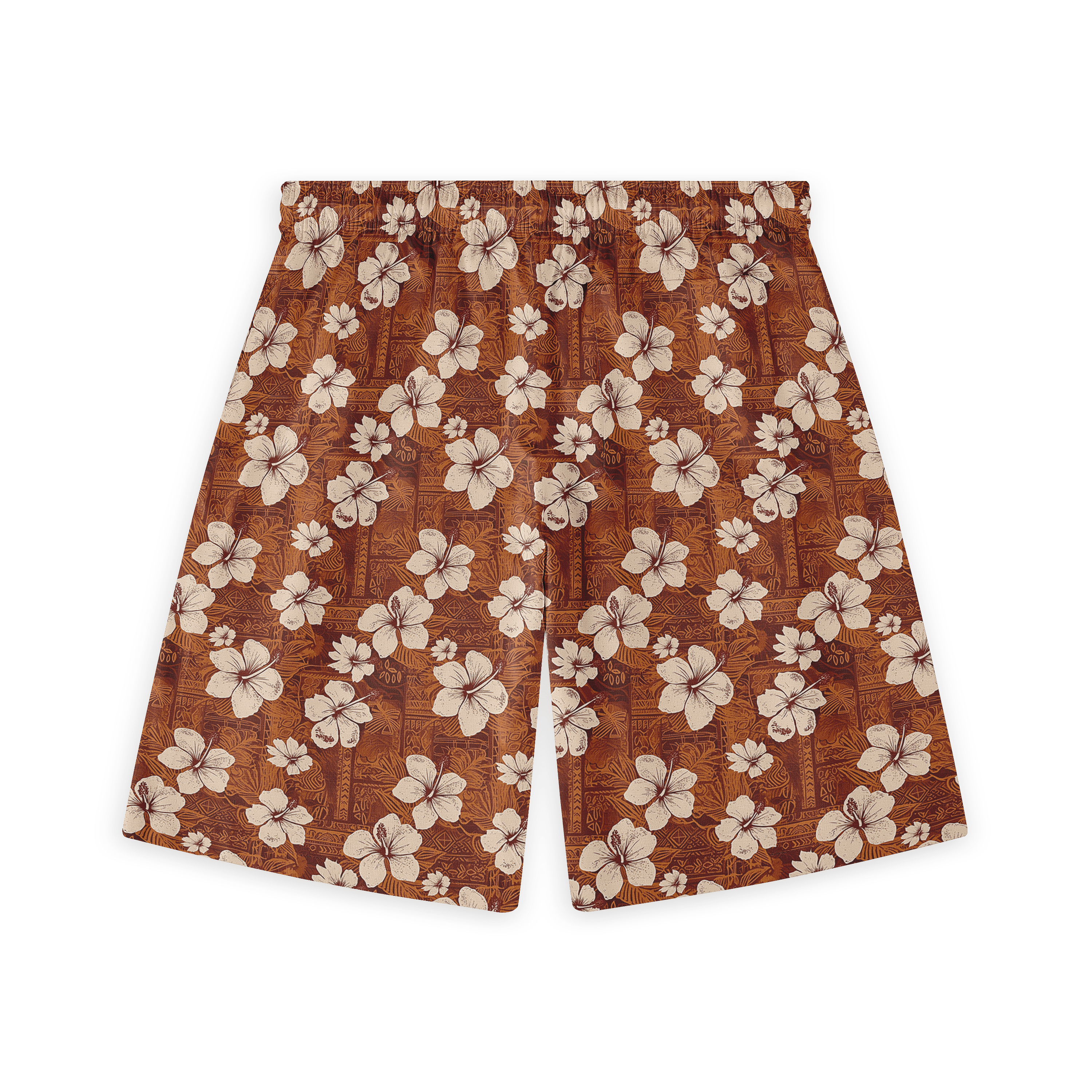 Copper short with white hibiscus flowers, exuding vintage elegance front view