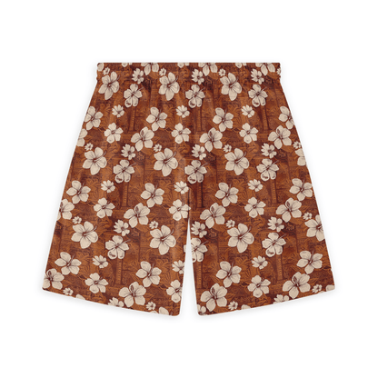 Copper short with white hibiscus flowers, exuding vintage elegance front view