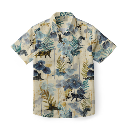 This is a short-sleeve shirt featuring a nature-inspired design with detailed botanical elements and leopard motifs in shades of blue, green, and beige, set against a textured, earthy background. The shirt combines natural imagery with a touch of wildness, making it a unique and stylish choice.